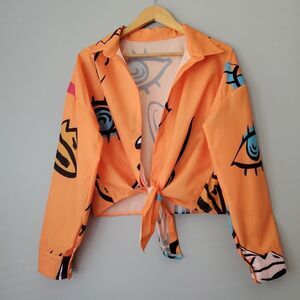 Boutique Orange Eye Print Long Sleeve Cropped Tie Blouse Womens XL